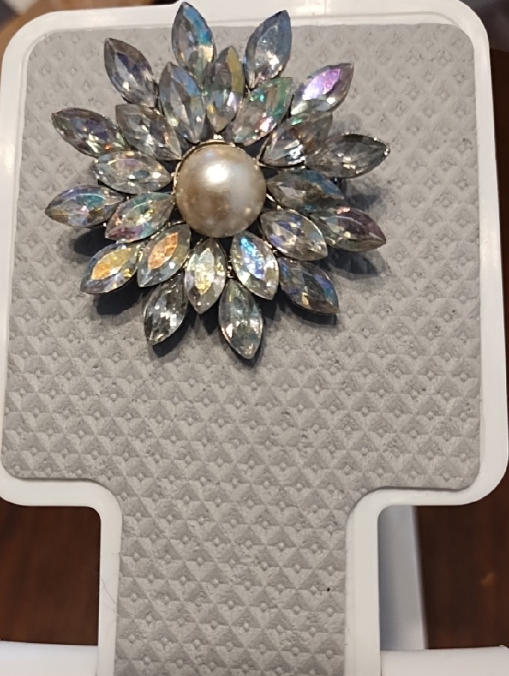 Aurora Borealis Crystal Floral Brooch with Center Pearl